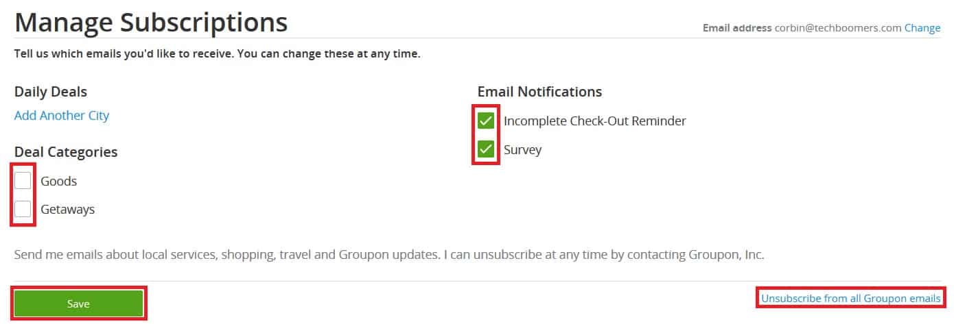 Choose what types of emails from Groupon you wish to receive (or not)