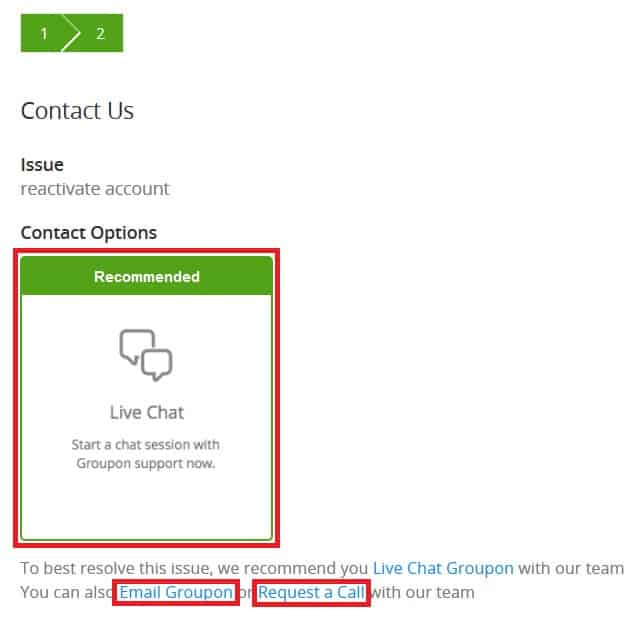 Selecting a method for contacting Groupon customer service