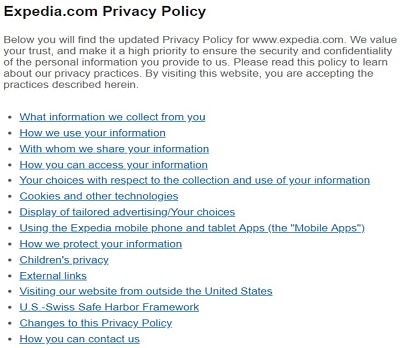 Expedia privacy policy webpage