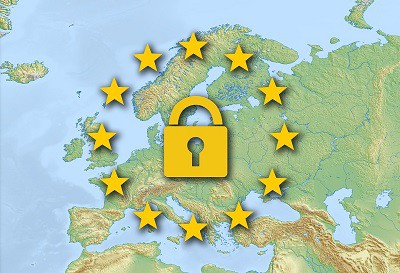 EU symbol and lock over map of Western Europe