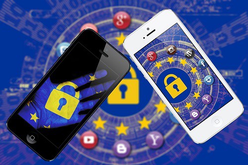 2 smartphones with EU symbol, locks, and popular online logos