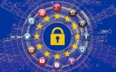 EU flag with lock and popular website logos