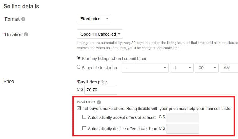 Allowing Best Offers using the advanced listing tool