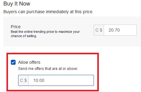 Allowing Best Offers using the quick listing tool