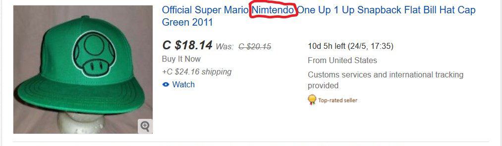 An eBay listing with a key word in its title misspelled