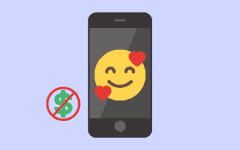 A graphic of a smartphone with a happy face and two hearts displayed on the screen next to a crossed-out dollar sign