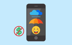 A graphic of a smartphone, displaying a happy face under an umbrella in the rain, with a crossed-out dollar sign next to it
