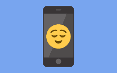 A graphic of a smartphone with a relaxed emoji displayed on the screen