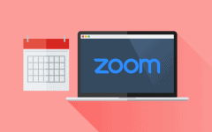 A graphic of a computer with the Zoom logo on the screen, next to a calendar