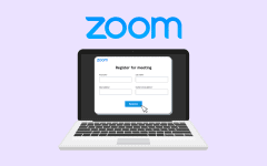 A graphic of Zoom displayed on a computer with a registration form
