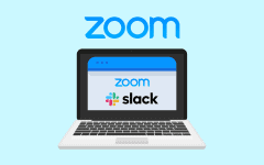A laptop with the Zoom and Slack logos together