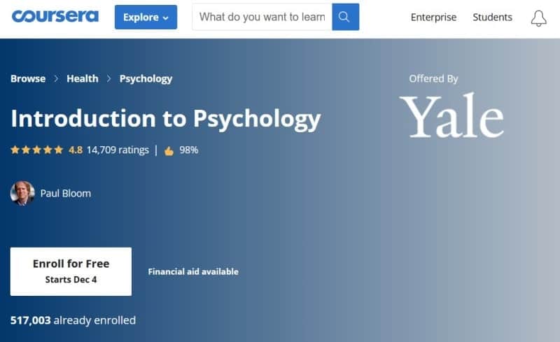 Homepage of Yale University’s ‘Introduction to Psychology’ course on Coursera