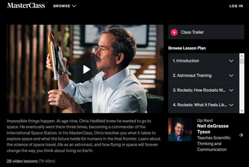 Home page for ‘Chris Hadfield Teaches Space Exploration’ course on Masterclass