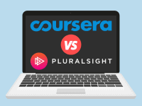 A laptop displaying Coursera vs. Pluralsight