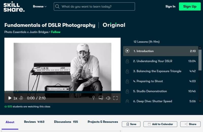 Home page for ‘Fundamentals of DSLR Photography’ course on Skillshare