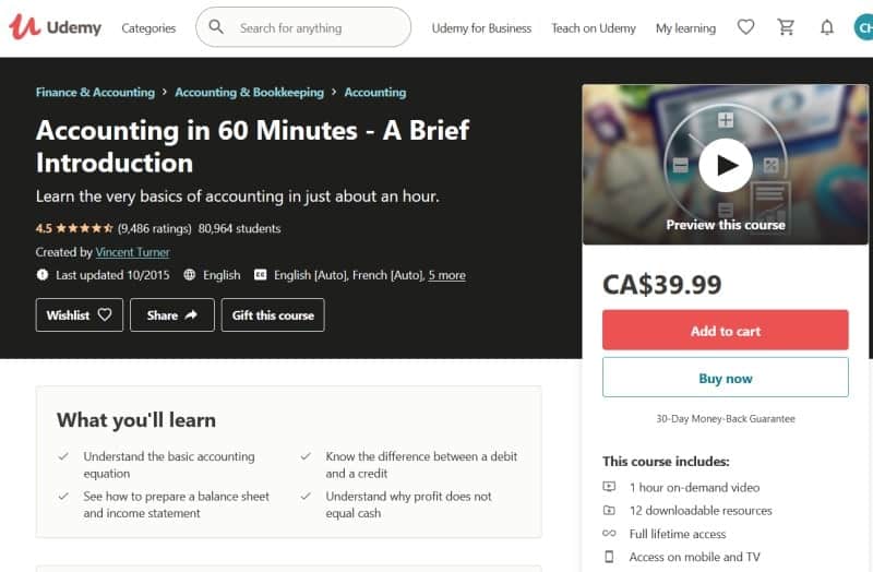 Home page for ‘Accounting in 60 Minutes - A Brief Introduction’ course on Udemy