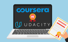 Laptop displaying ‘Udacity vs. Coursera’ with hand holding a certificate