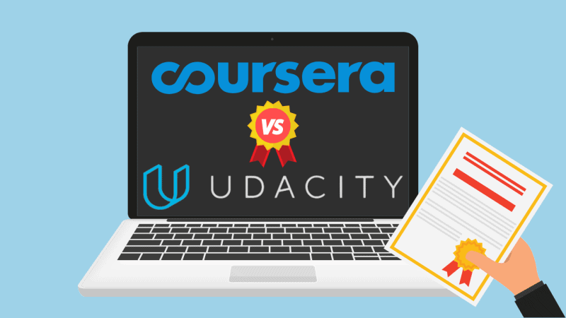 Laptop displaying ‘Udacity vs. Coursera’ with hand holding a certificate