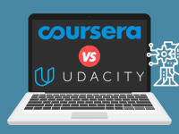 Laptop displaying ‘Udacity vs. Coursera’ with robot learning image concept