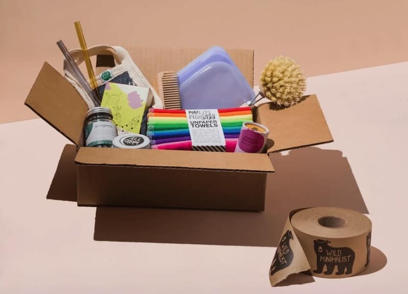 brown cardboard box with eco-friendly home essentials
