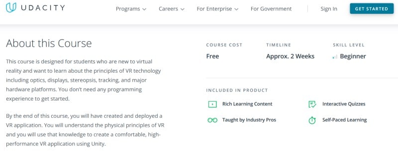 Landing page for the ‘Introduction to Virtual Reality’ course on Udacity