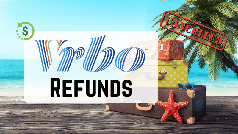Vrbo refunds on a beach background with suitcases