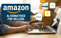 Man working on a laptop with Amazon alternatives for sellers text and marketplace logos